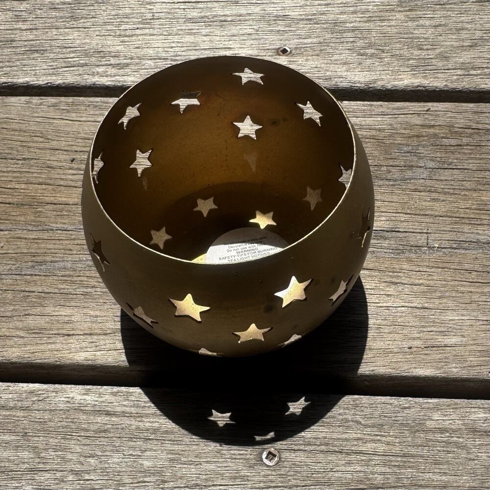 Vintage Brass Candle Tealight Votive Holder Tarnished Star Cutouts Celestial